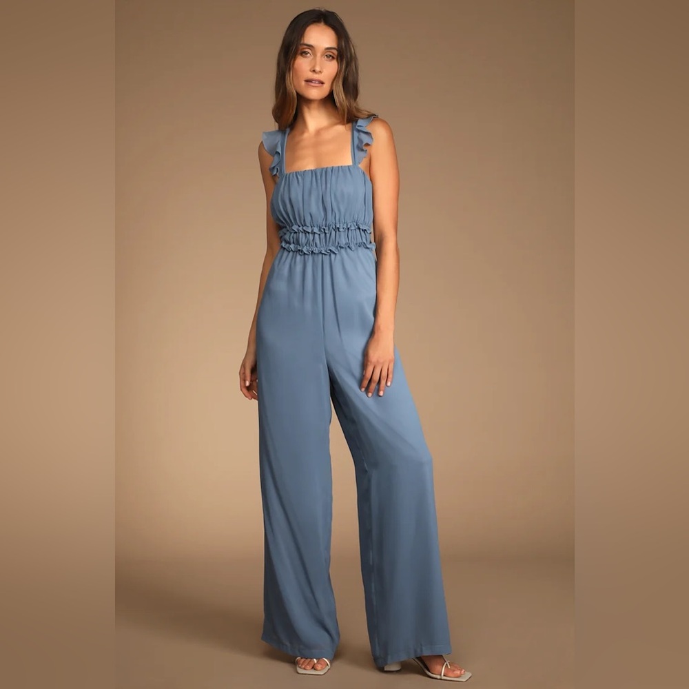 Slate Blue Ruffled Tie-Back Wide-Leg Jumpsuit